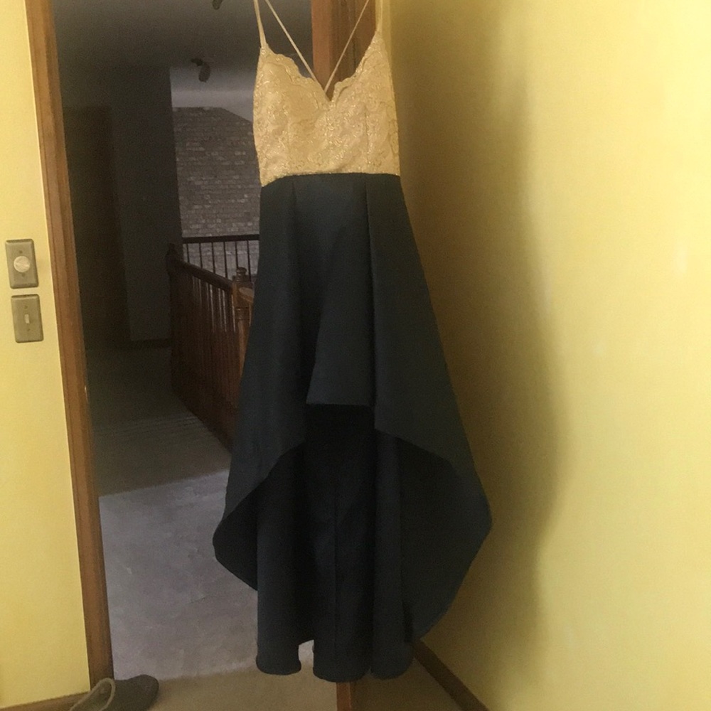 gold and blue prom dress